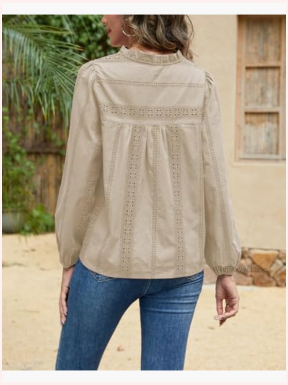 Bohemian Button-Down Blouse with Crochet Trim Long Sleeve Dressy Casual Work Top - Picture 5 of 5